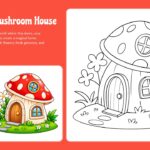 Enchanted Mushroom House Template - coral red slide with mushroom house coloring outline and colorful woodland reference, page 9 of 10