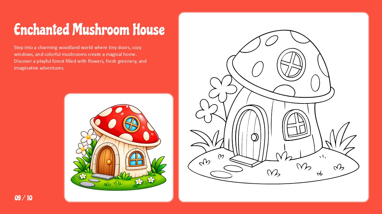 Enchanted Mushroom House Template - coral red slide with mushroom house coloring outline and colorful woodland reference, page 9 of 10