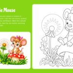 Color the Little Mouse Template - lime green slide with mouse-on-mushroom coloring outline and woodland reference, page 7 of 10