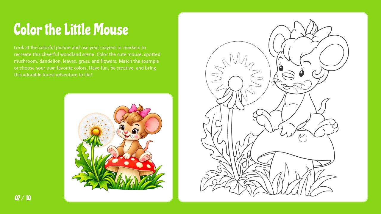 Color the Little Mouse Template - lime green slide with mouse-on-mushroom coloring outline and woodland reference, page 7 of 10