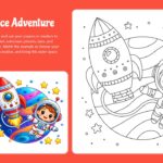 Color the Space Adventure Template - coral red slide with astronaut and rocket coloring outline and colored reference, page 4 of 10
