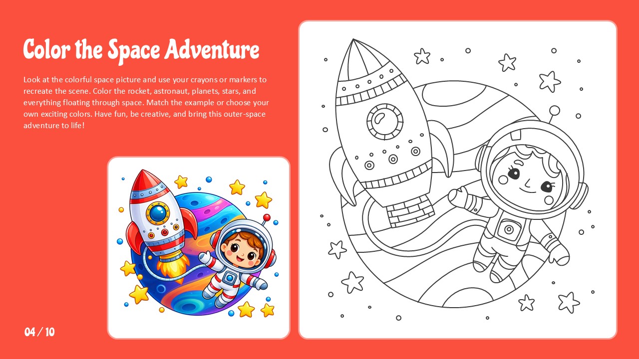 Color the Space Adventure Template - coral red slide with astronaut and rocket coloring outline and colored reference, page 4 of 10