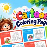 Cartoon Coloring Pages Template - promotional banner with fanned slide previews and cartoon girl holding a crayon