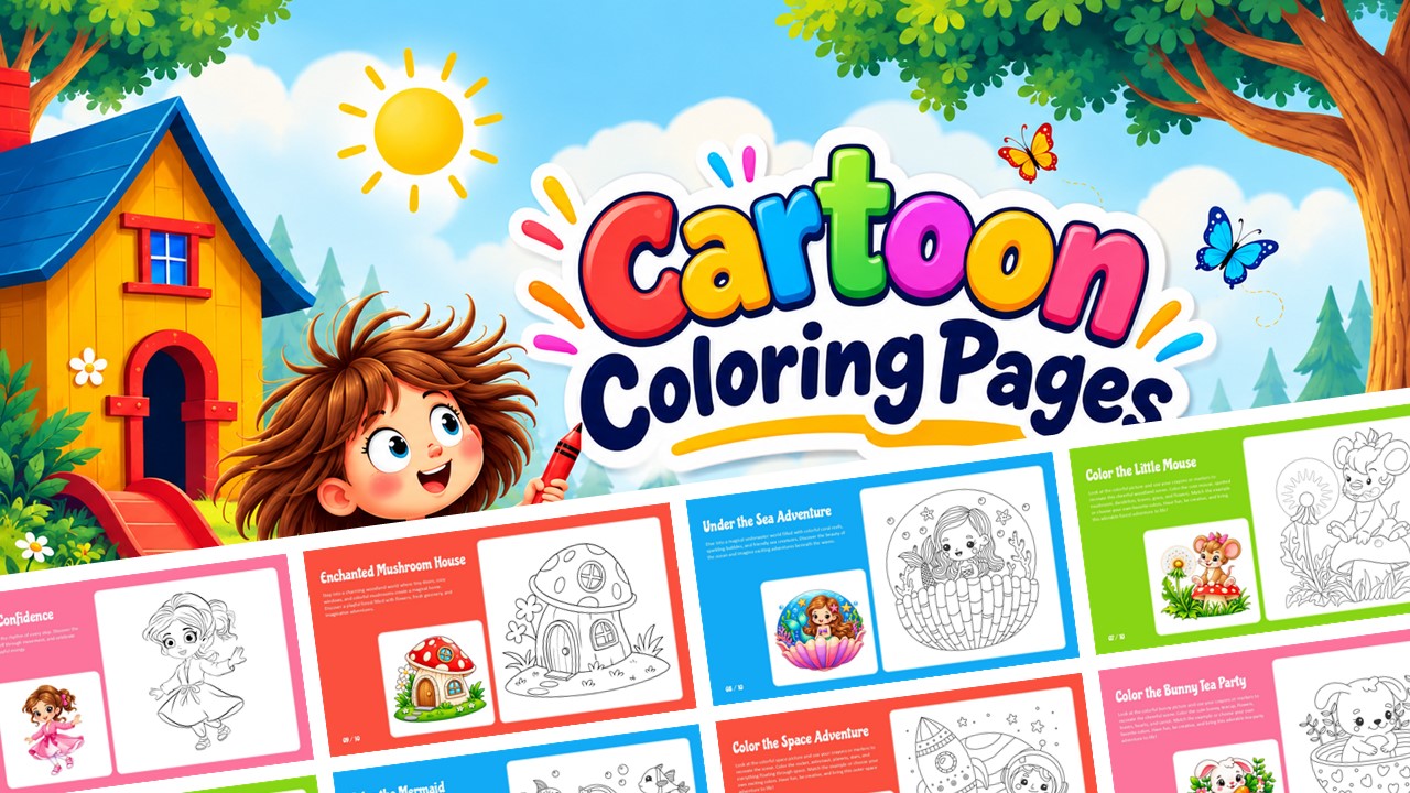 Cartoon Coloring Pages Template - promotional banner with fanned slide previews and cartoon girl holding a crayon