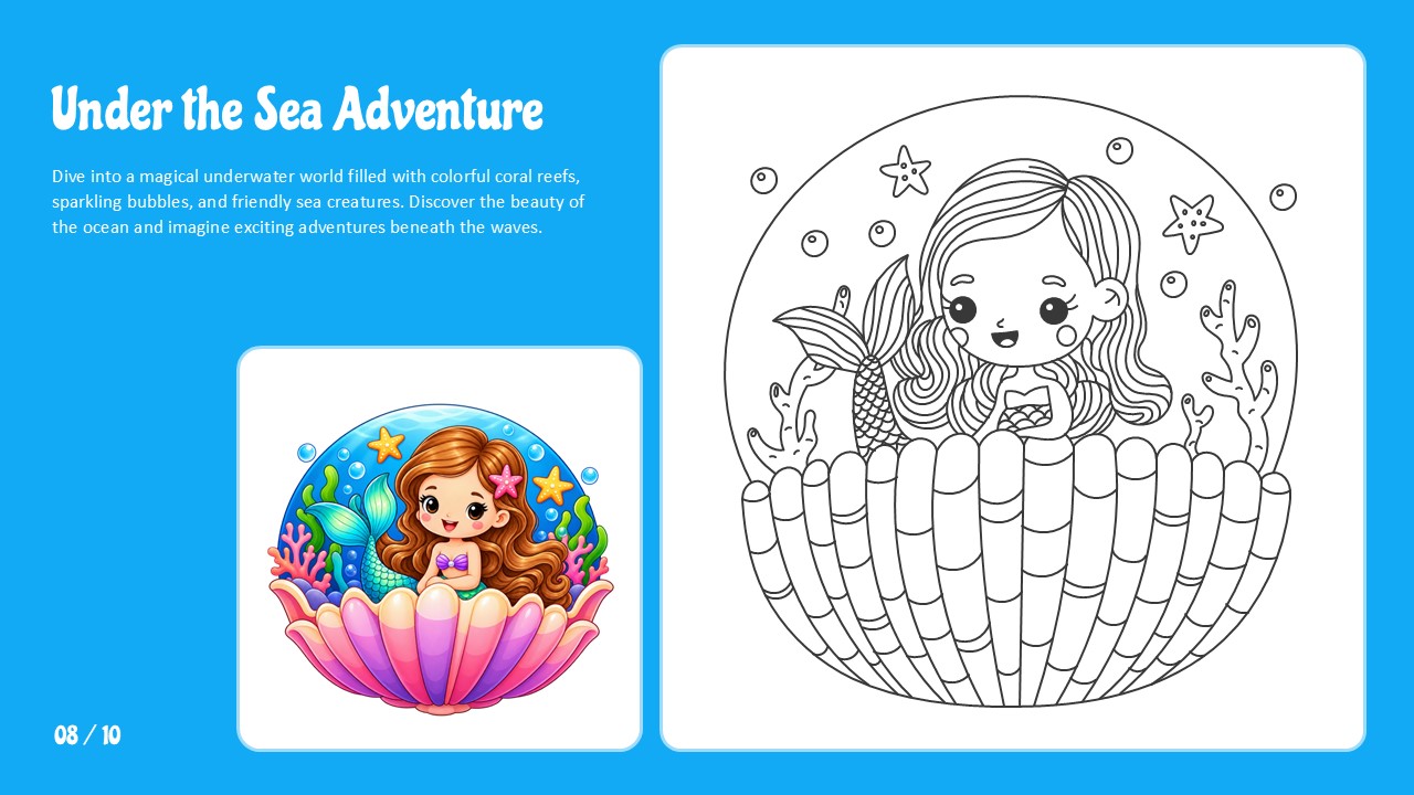 Under the Sea Adventure Template - blue slide with chibi mermaid in seashell coloring outline and ocean reference, page 8 of 10