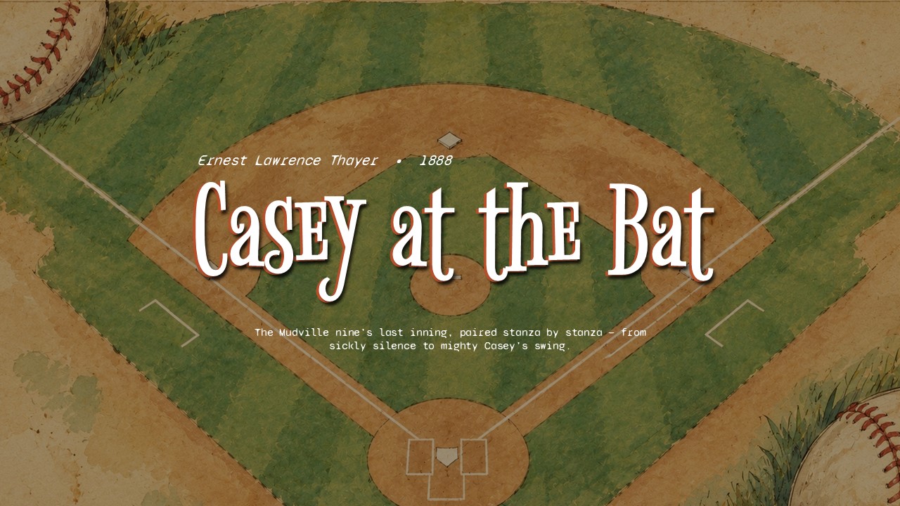Casey at the Bat Google Slides Template - Atmospheric title slide set inside a baseball diamond