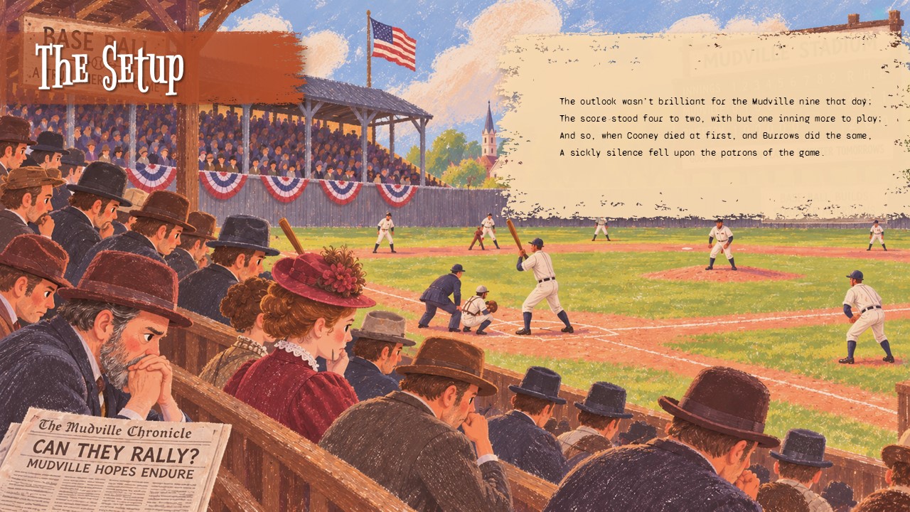 Casey at the Bat The Setup Slide - Present the poem's opening stanza and Mudville's losing situation