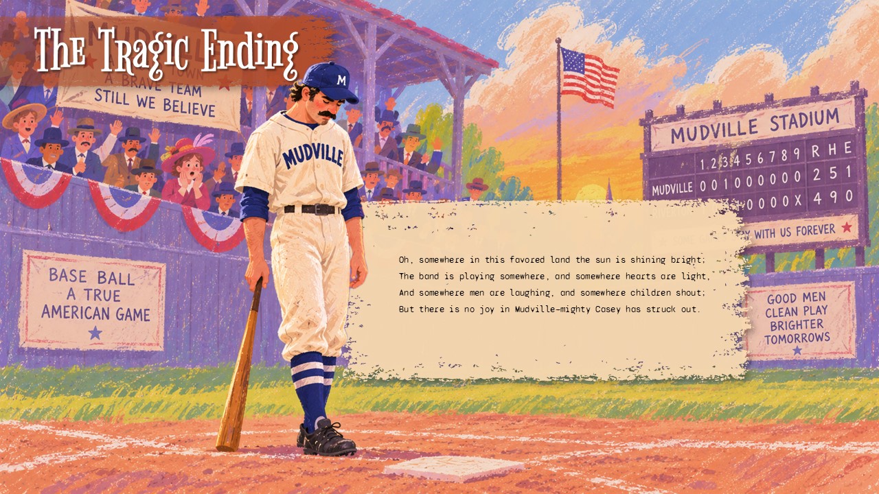 Casey at the Bat Tragic Ending Slide - Deliver the poem's iconic strikeout conclusion and theme