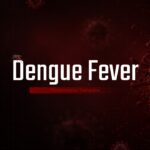 Dengue Fever Presentation Template - Dramatic dark cover slide with 3D virus render and mosquito silhouette