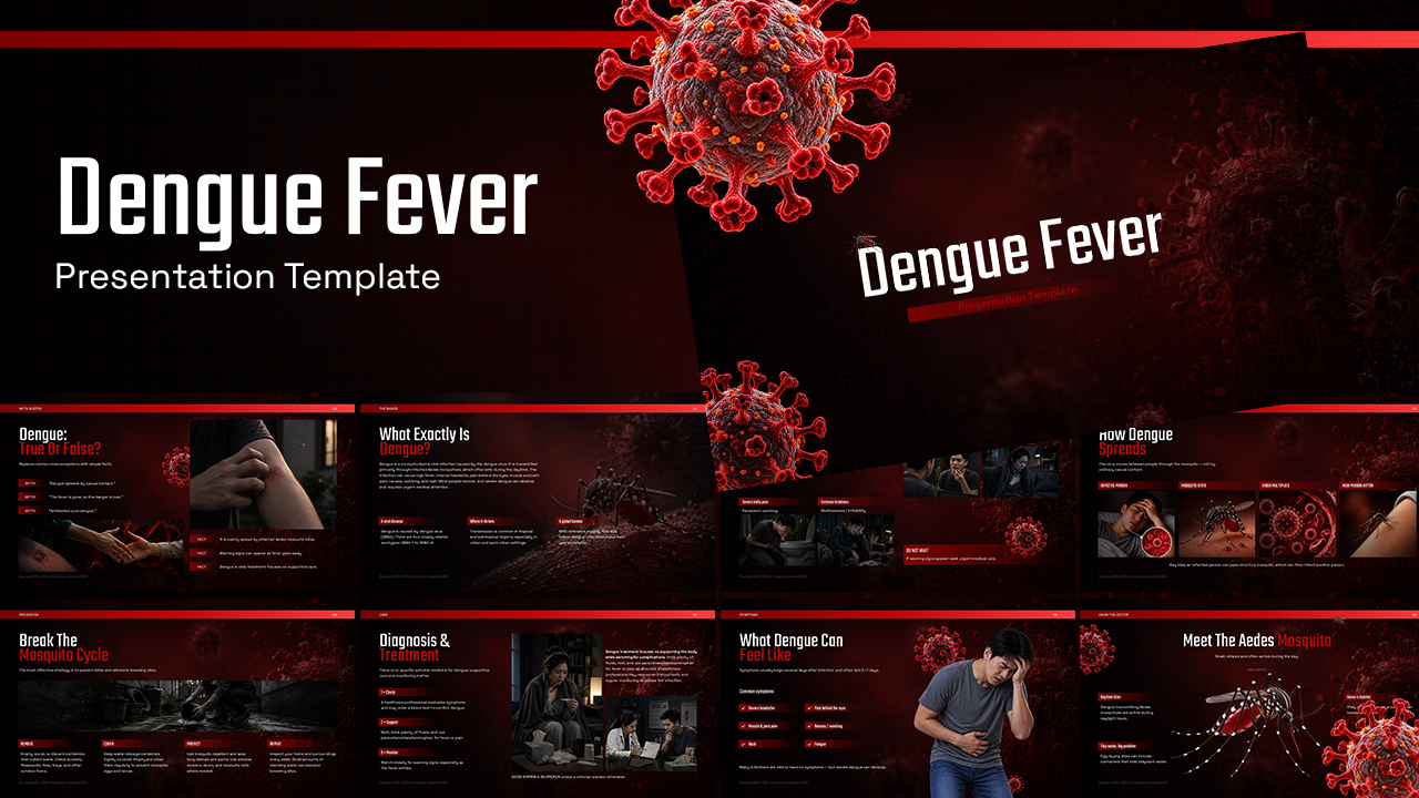 Dengue Fever Template - Full 11-slide deck preview with dark red theme and 3D virus renders