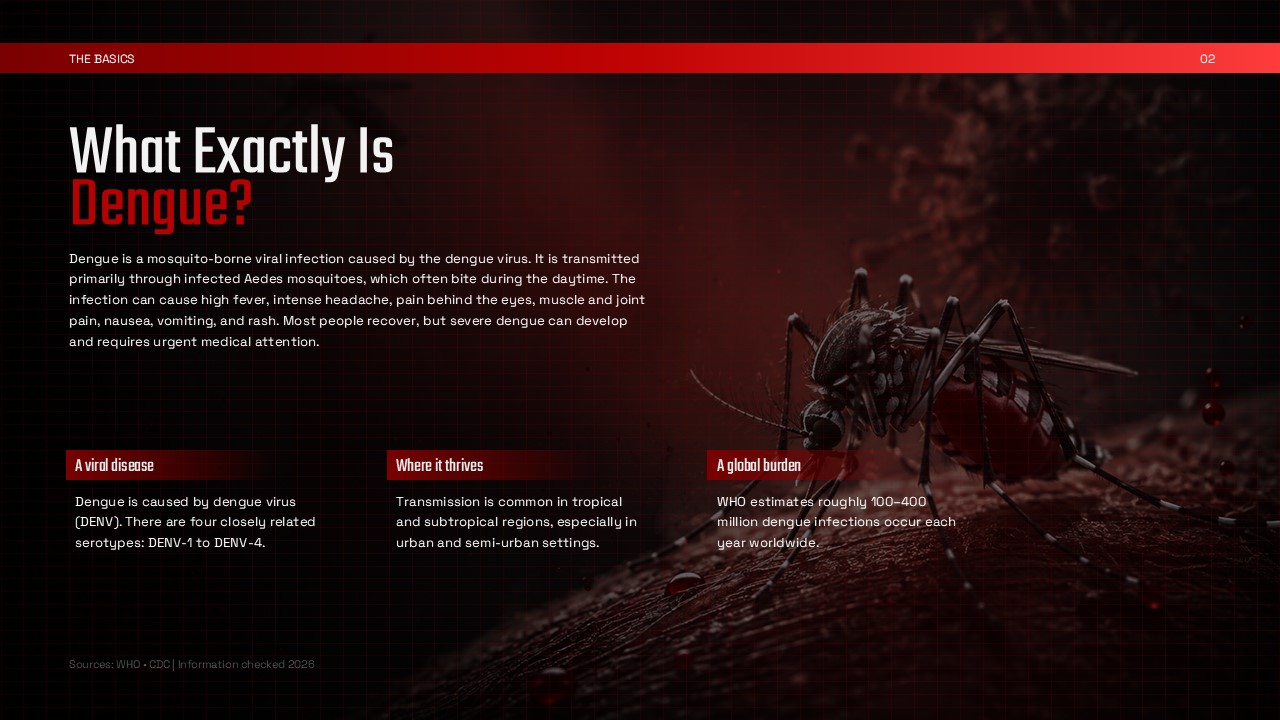 Dengue Fever Template - What is dengue slide with mosquito photo and three fact boxes on dark background