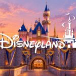 Disneyland Presentation Template – cinematic sunset title slide with Sleeping Beauty Castle and white logo
