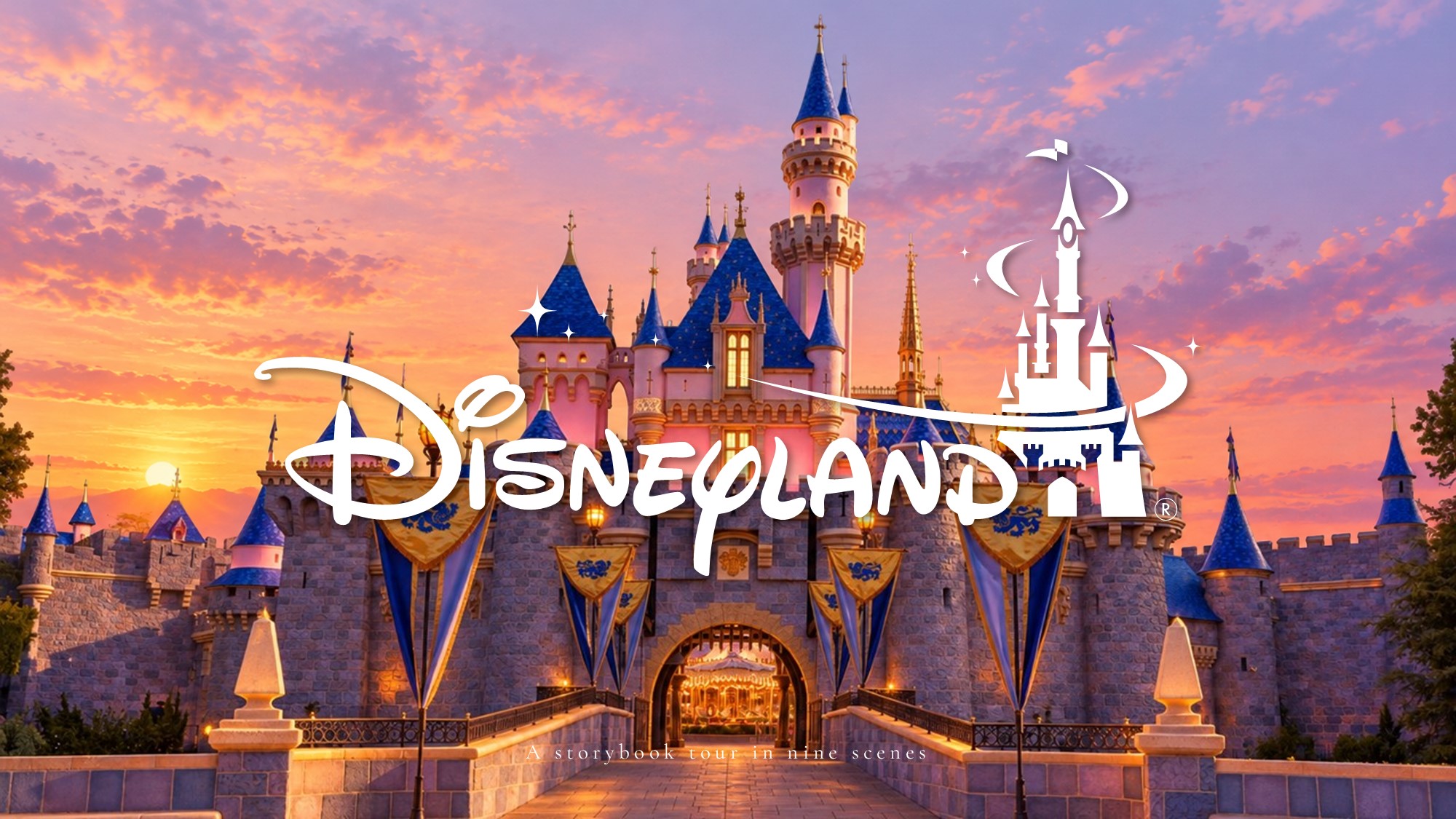 Disneyland Presentation Template – cinematic sunset title slide with Sleeping Beauty Castle and white logo