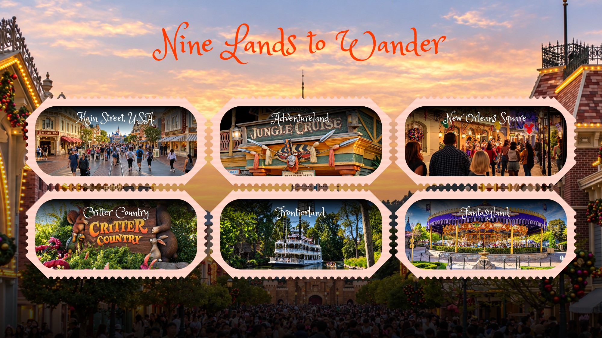 Disneyland Lands Continuation Template – three ticket-framed tiles completing the nine-lands series with park tickets prop