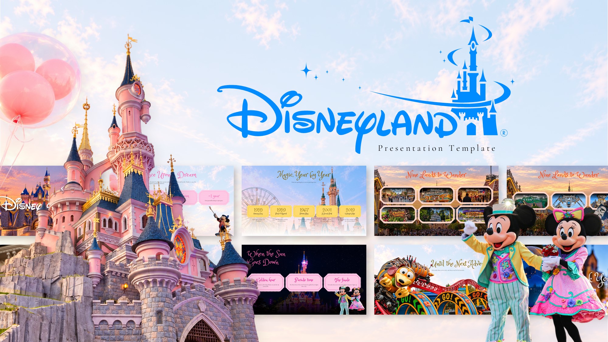 Disneyland Presentation Template – pastel collage overview showing castle hero image and 5 slide thumbnails