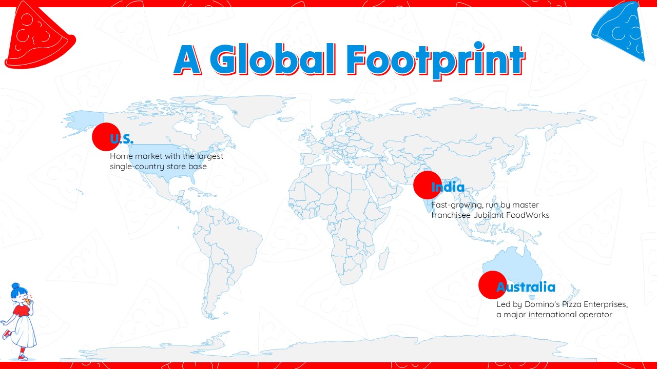 Dominos Pizza Template - World map slide to present Domino's international store presence and key markets
