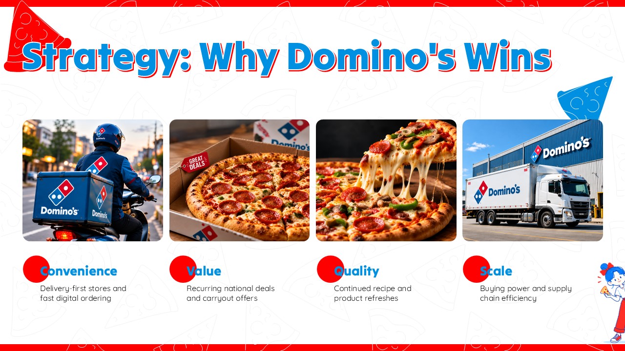 Dominos Pizza Template - Strategy slide to present Domino's four key competitive advantages with photos