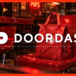 DoorDash Google Slides Template – Four KPI cards on bold red background showcasing Q2 2026 financial metrics