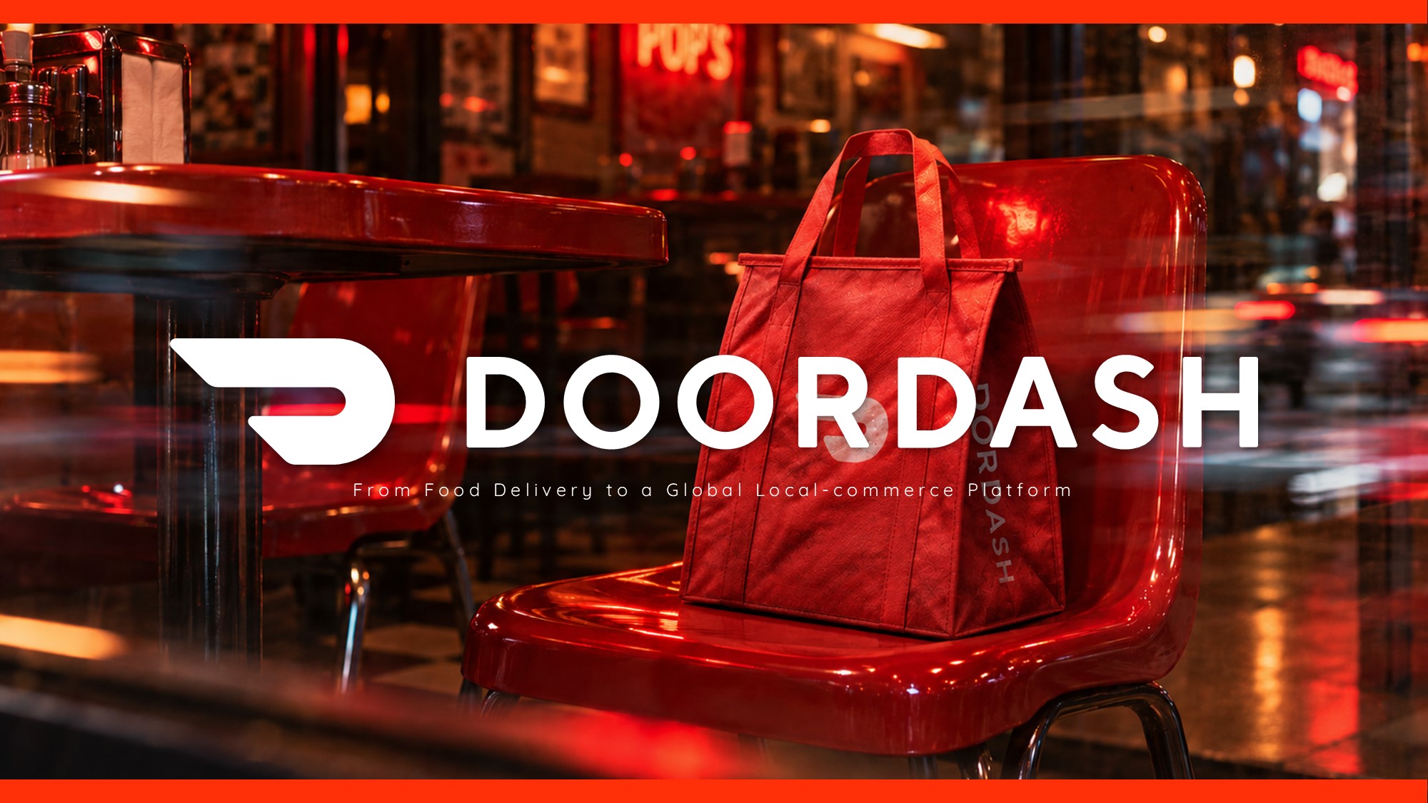 DoorDash Google Slides Template – Four KPI cards on bold red background showcasing Q2 2026 financial metrics