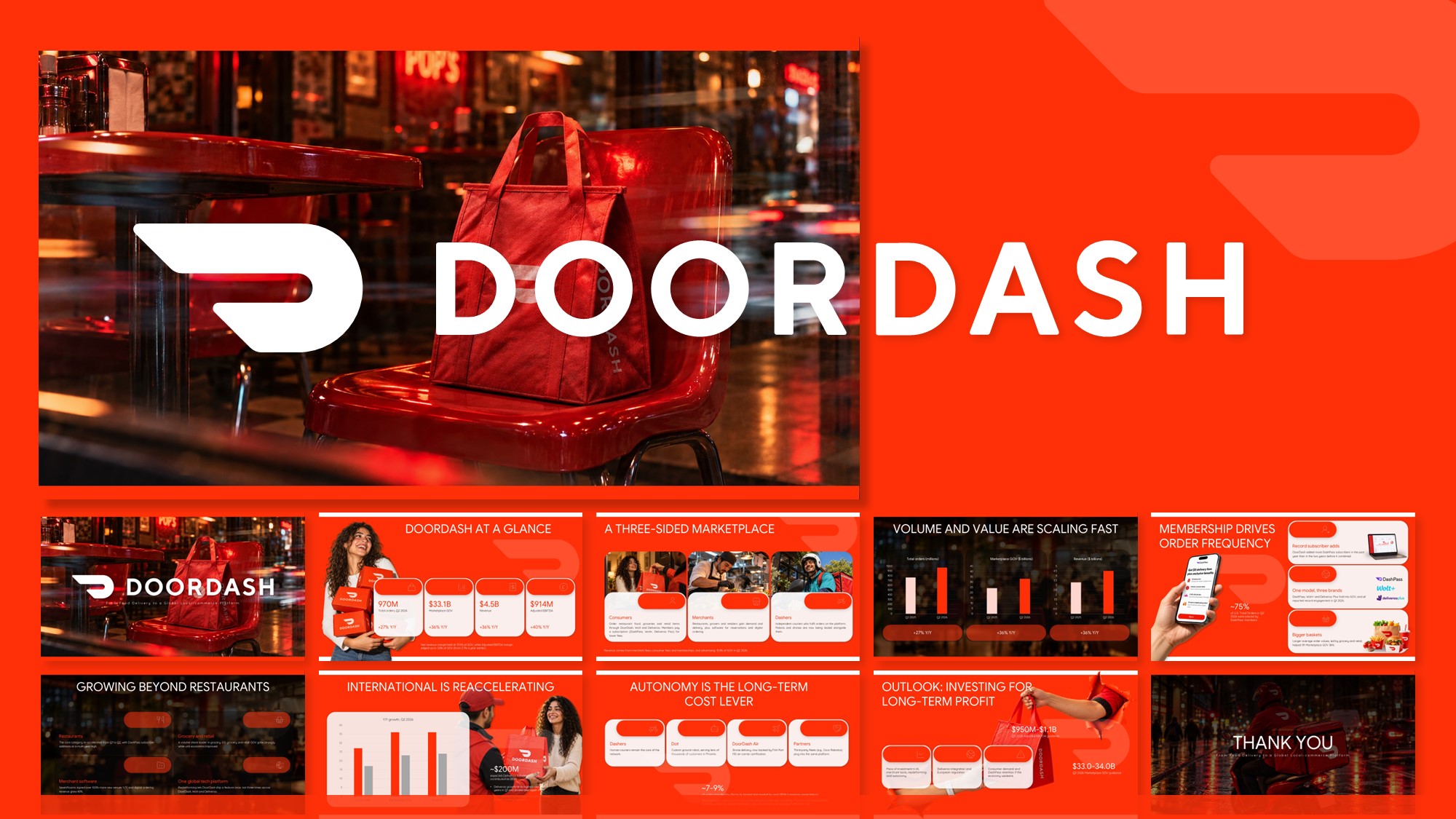 DoorDash Template – Cinematic cover slide with red accents, white logo, and bold strategic tagline overlay