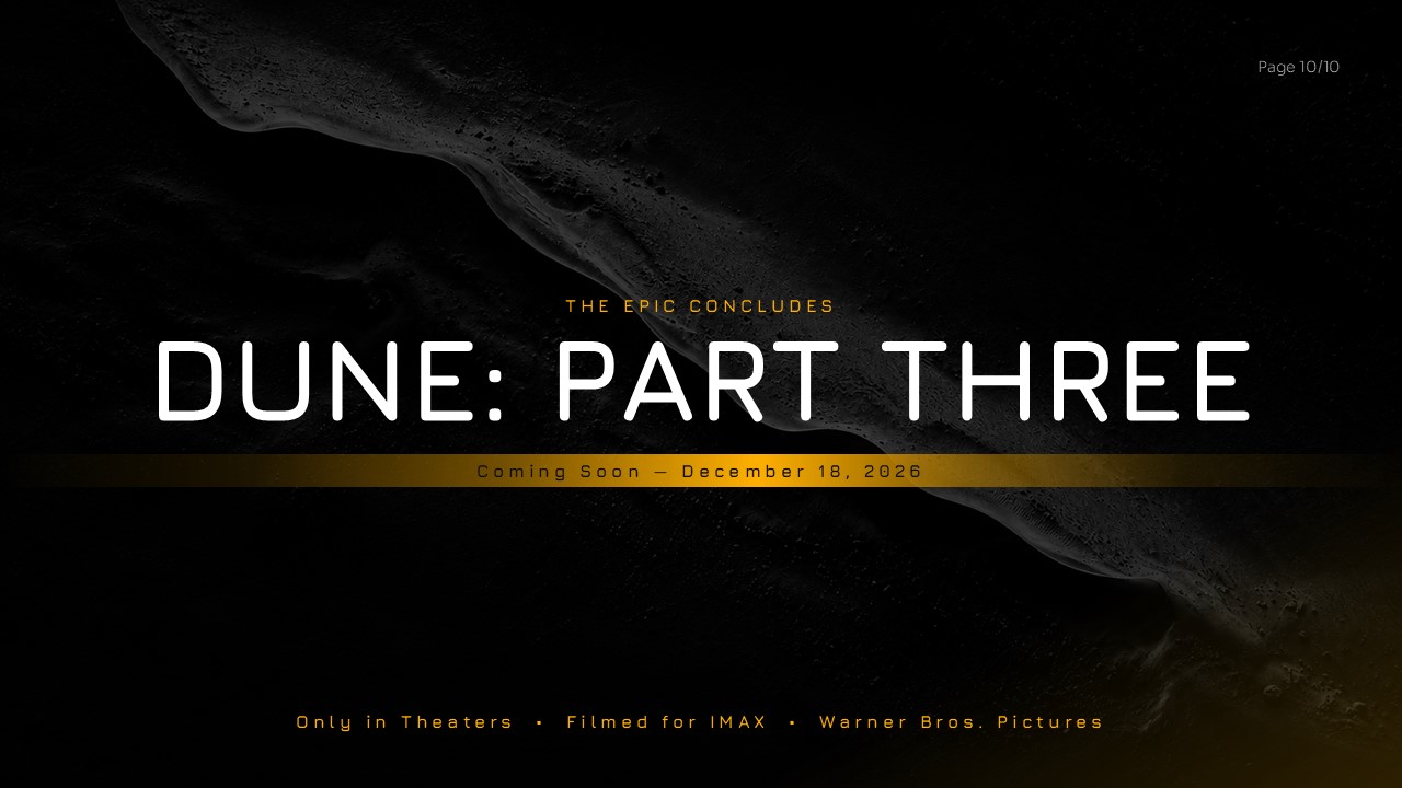 Dune Part Three Closing Slide Template - Minimalist end card with bold white title and gold release date banner