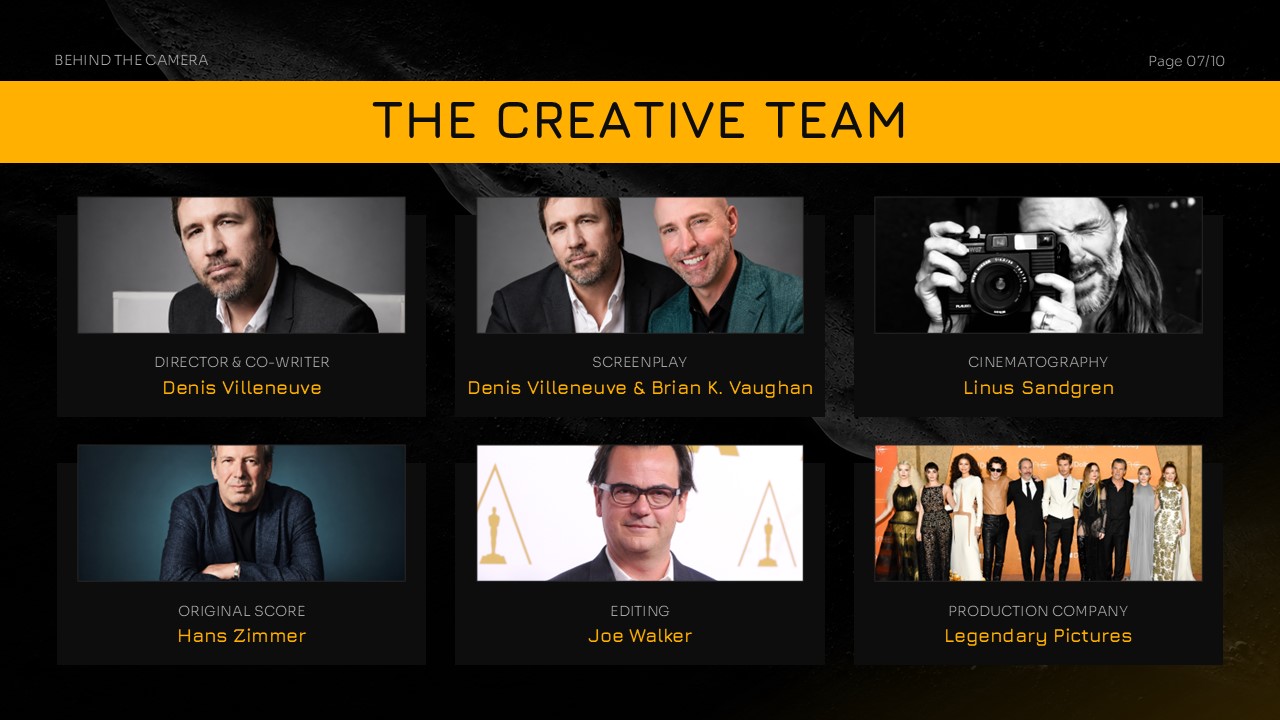 Dune Part Three Creative Team Template - 3x2 crew directory grid with director, cinematographer, and composer