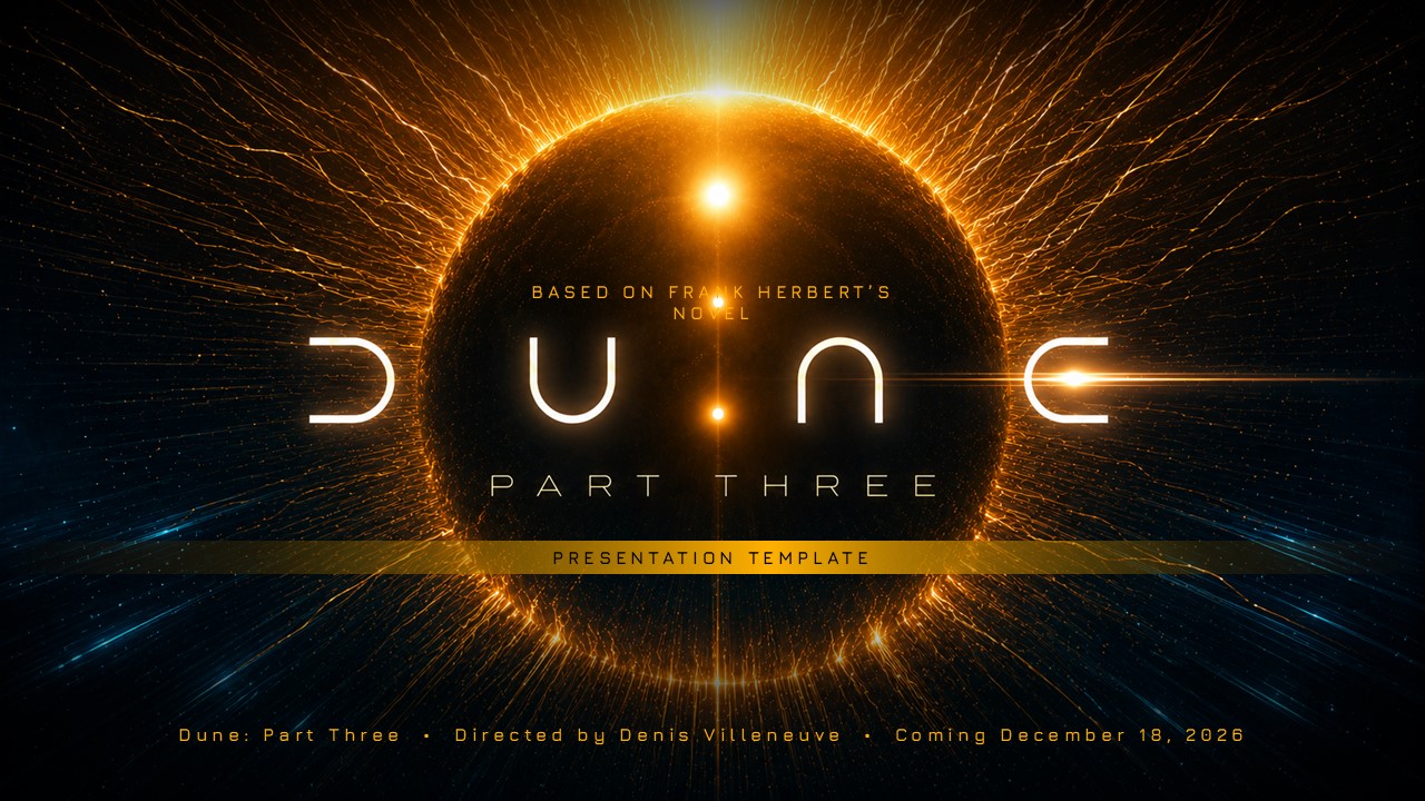 Dune Part Three Google Slides Template - Film overview slide with dual-column layout and key facts list