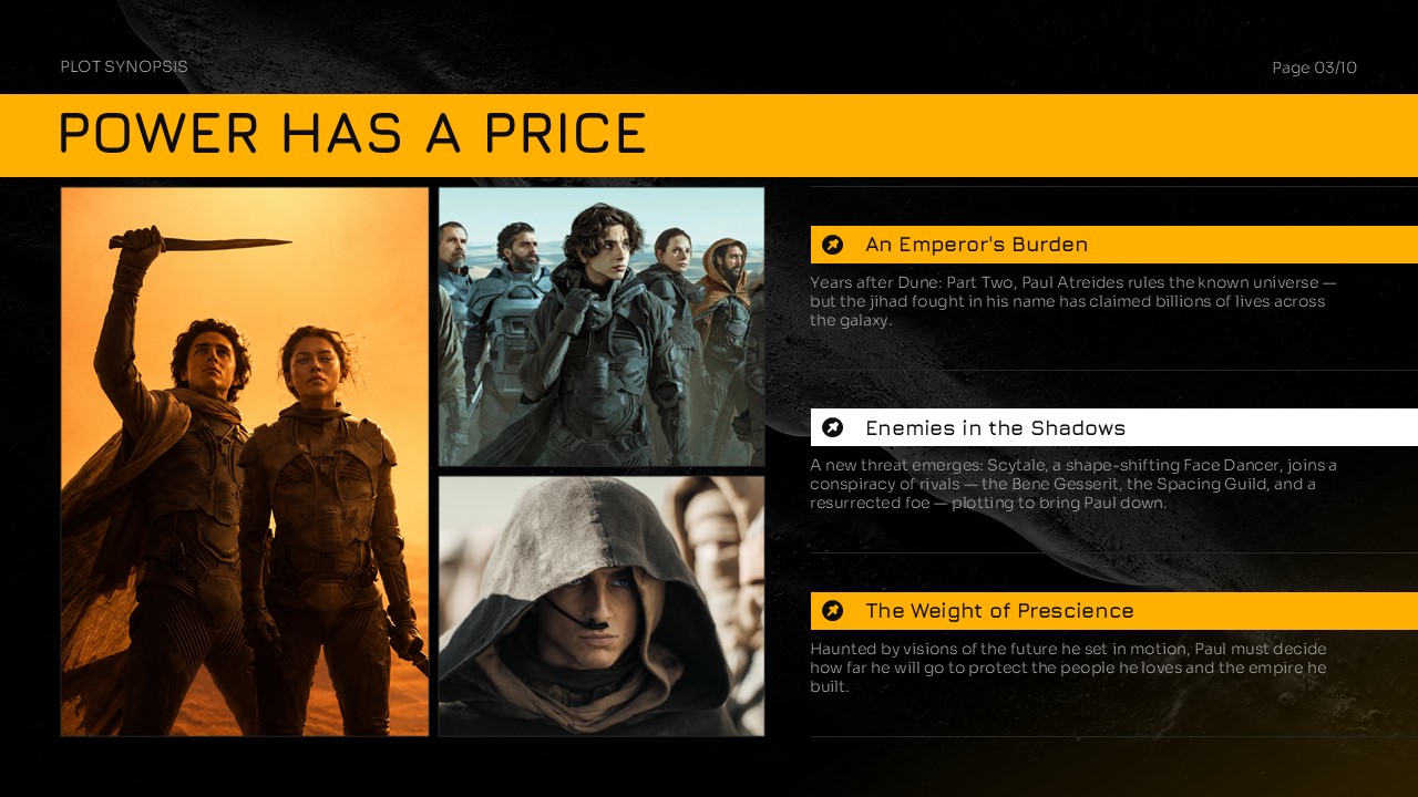 Dune Part Three Plot Synopsis Template - Ensemble cast grid with 8 character portrait cards and gold names