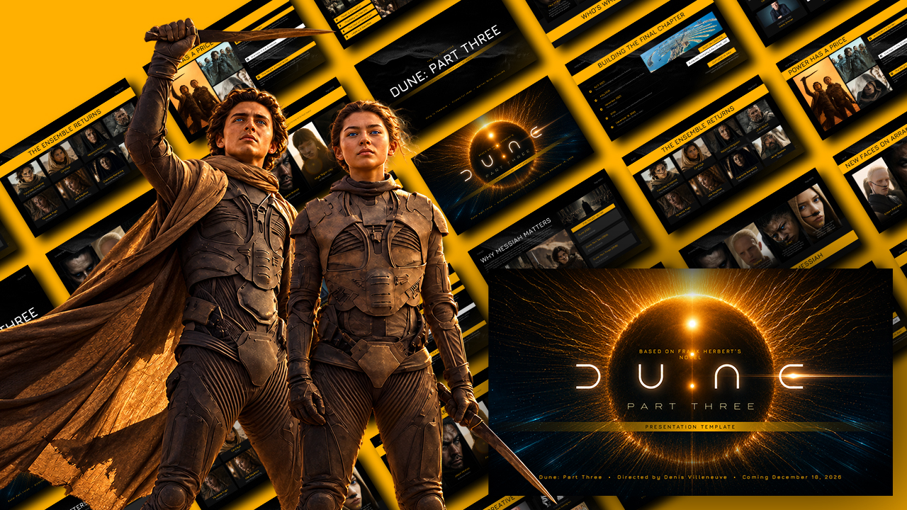 Dune Part Three Template - Cinematic cover slide with glowing golden orb and dark space background