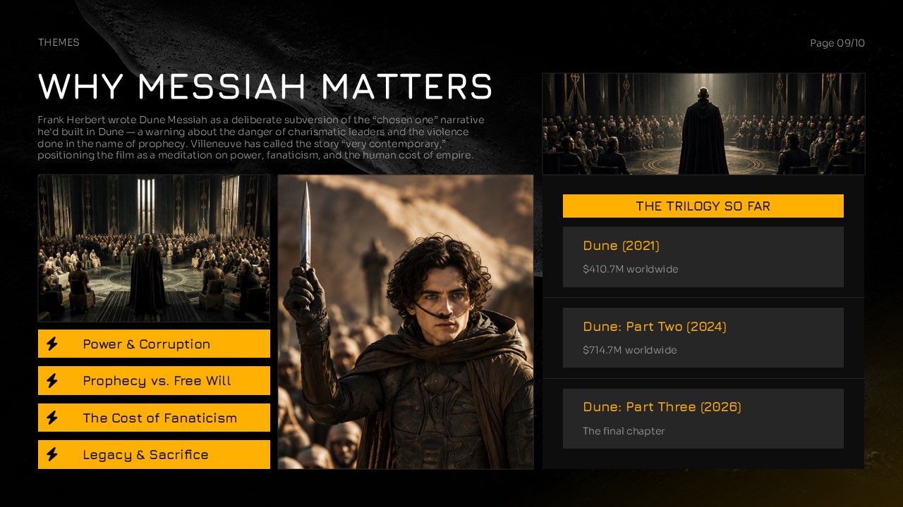 Dune Part Three Themes Template - Analysis slide with thematic tags and trilogy box office franchise data