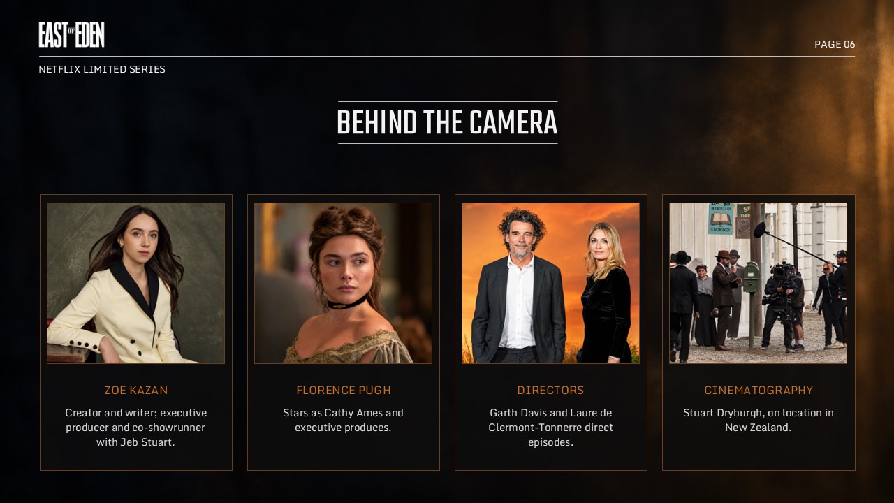 East of Eden Netflix Template – adaptation timeline slide with four entries from 1952 to 2026 and landscape image strip
