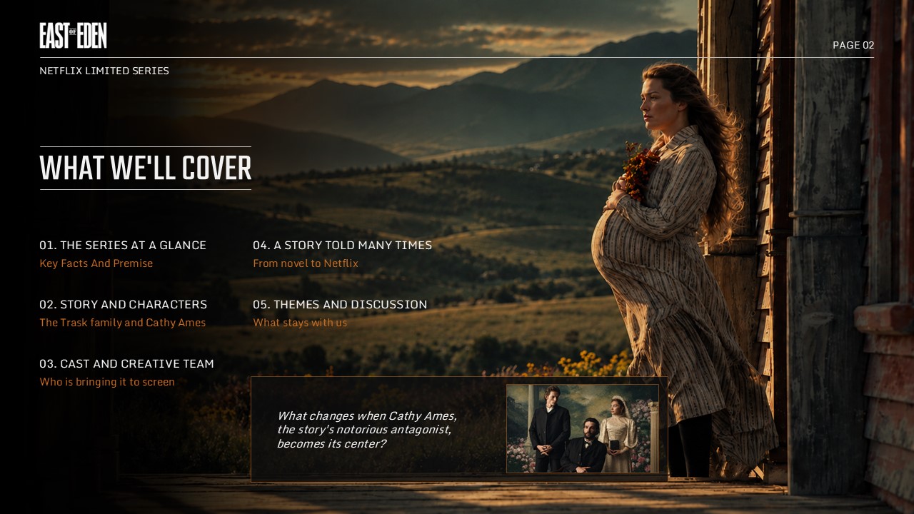 East of Eden Netflix Template – series overview slide with centered heading, body text, and four-column image fact grid