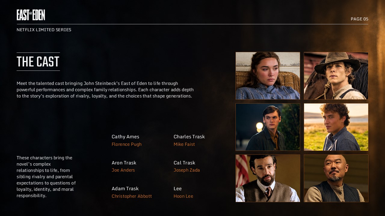 East of Eden Netflix Template – creative team slide with four amber-bordered portrait cards and role descriptions