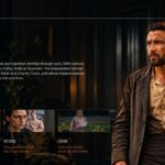 East of Eden Netflix Template – cast listing slide with six character-actor pairs and a 2×3 portrait photography grid