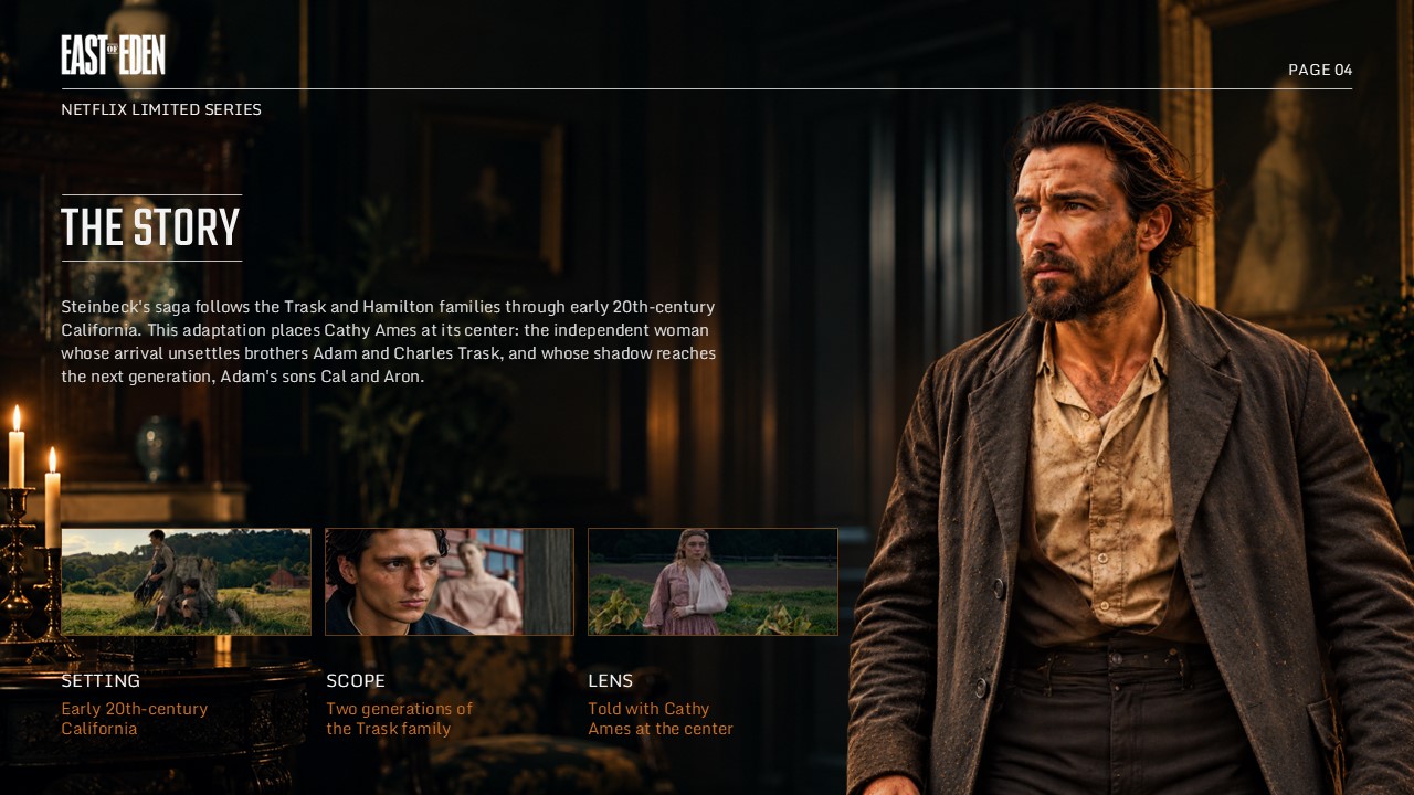 East of Eden Netflix Template – cast listing slide with six character-actor pairs and a 2×3 portrait photography grid