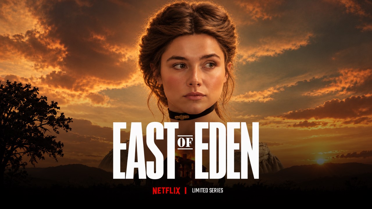 East of Eden Netflix Template – table of contents slide with five numbered sections and pull quote on dark background