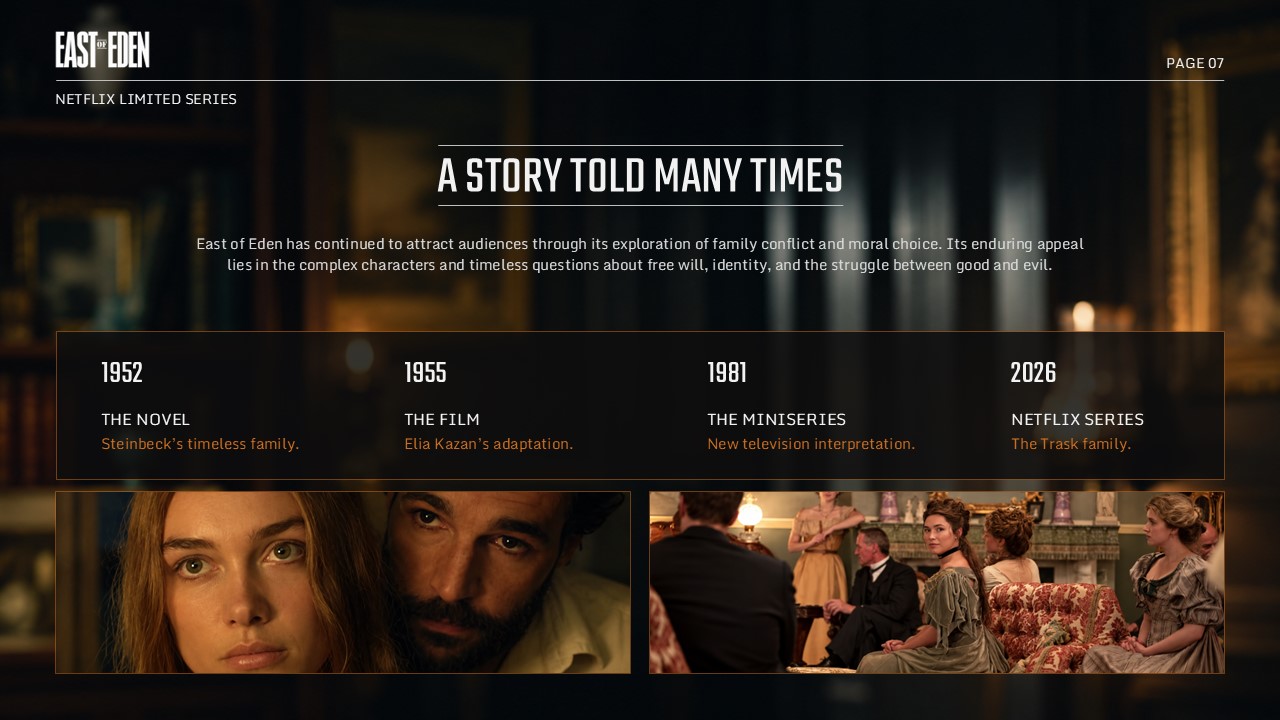 East of Eden Netflix Template – comparison slide contrasting earlier adaptations with 2026 Netflix version in two columns