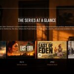 East of Eden Netflix Template – story synopsis slide with narrative text, character portrait, and three labeled image thumbnails