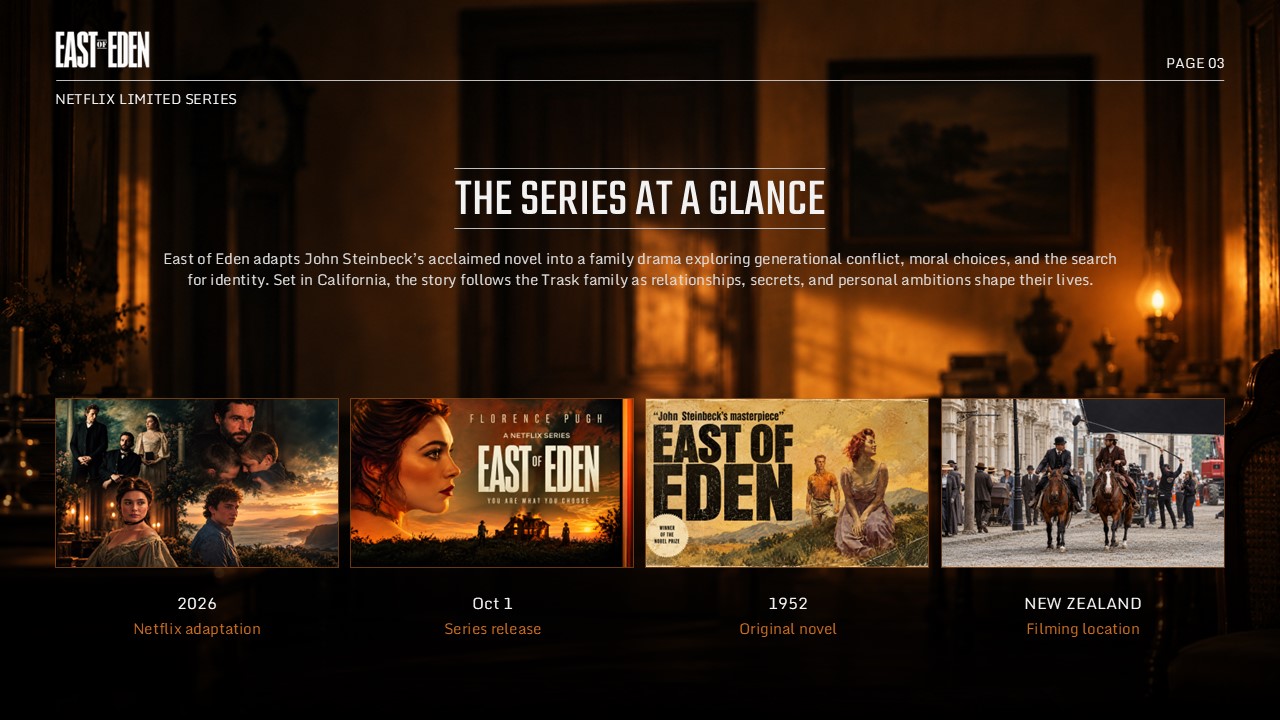 East of Eden Netflix Template – story synopsis slide with narrative text, character portrait, and three labeled image thumbnails