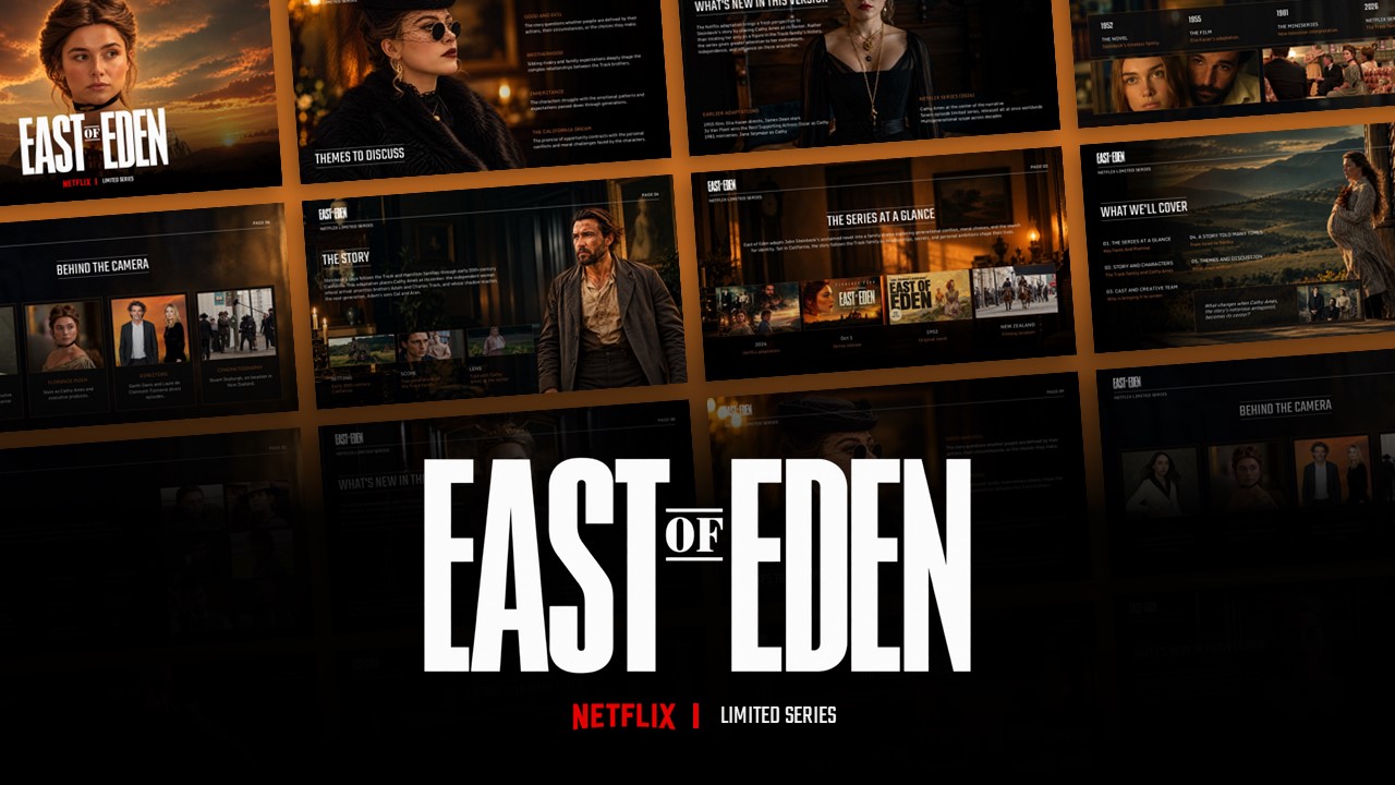 East of Eden Netflix Series Template – cinematic featured image with slide previews grid and bold title treatment
