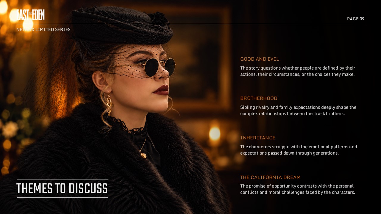 East of Eden Netflix Template – closing thank you slide with bold white display type and Netflix red logo on dark background