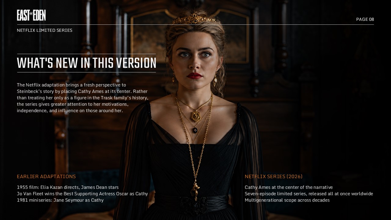 East of Eden Netflix Template – themes slide with four stacked amber-labeled discussion topics alongside a dramatic portrait