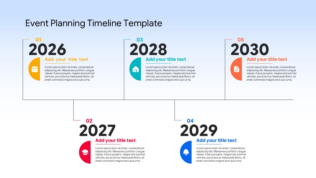 Event Planning Timeline - 5-year zigzag milestone slide to map annual event roadmaps visually