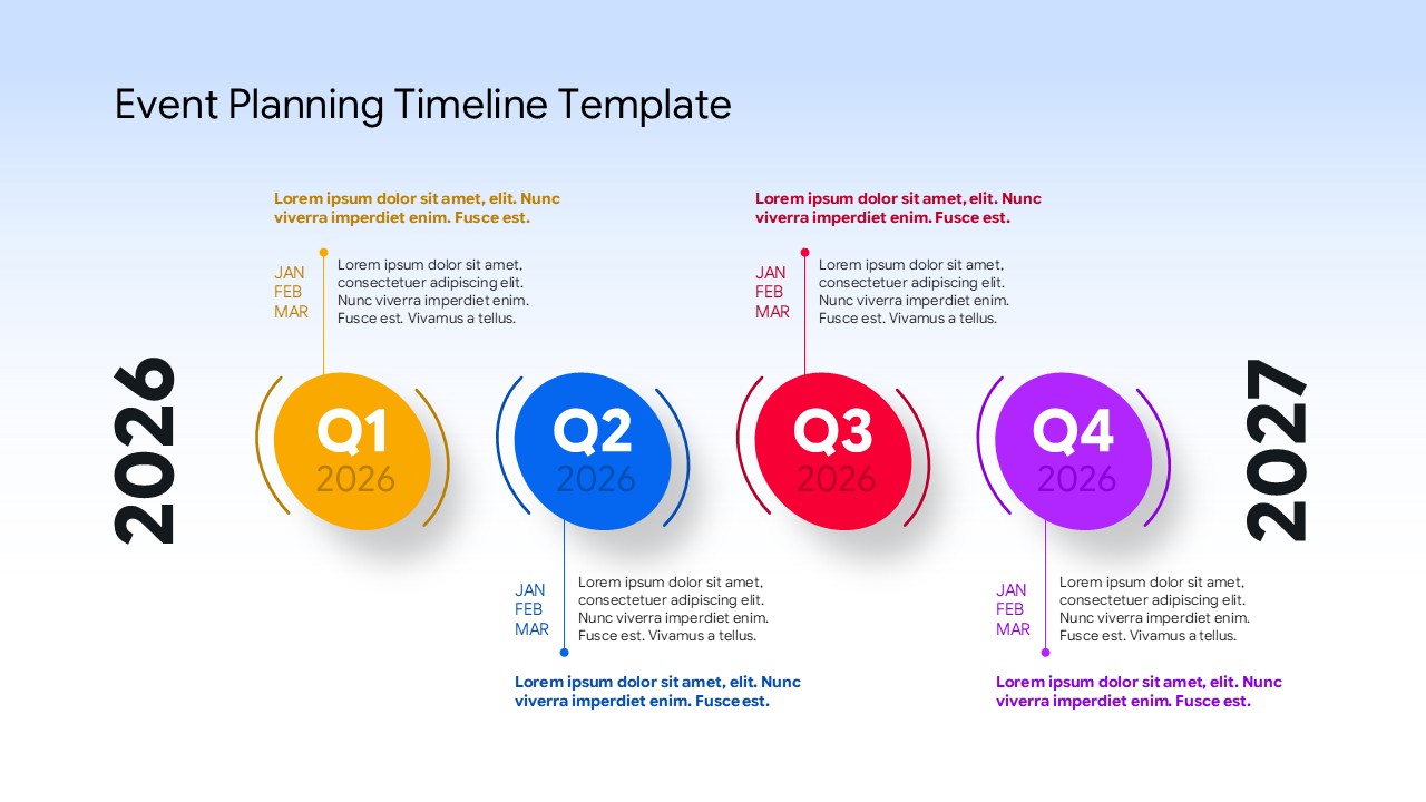 Event Planning Timeline - Quarterly circle timeline slide to organize annual event milestones by quarter