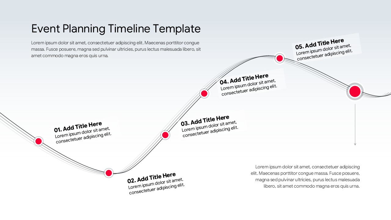 Event Planning Timeline - Wave ribbon path slide to narrate 5 key event milestones elegantly