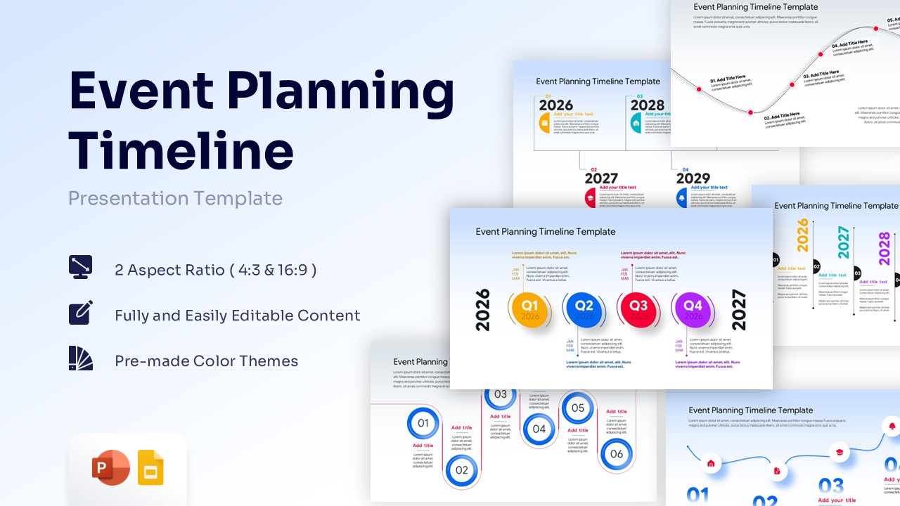 Event Planning Timeline Template - 7 professionally designed slides for Google Slides & PowerPoint