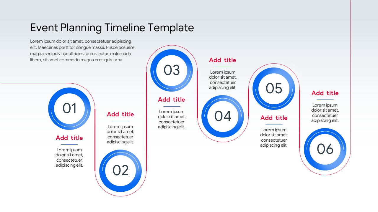 Event Planning Timeline - Serpentine looping steps slide to outline 6-phase event planning workflows