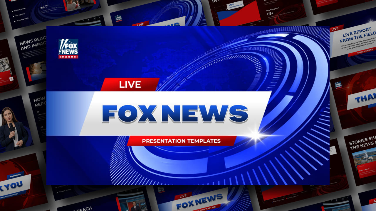 Fox News Presentation Template - Preview of 10 broadcast-style slides in navy blue and red