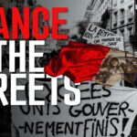 France Protest Google Slides Template - Bold hero cover with red FRANCE title over black-and-white protest photography