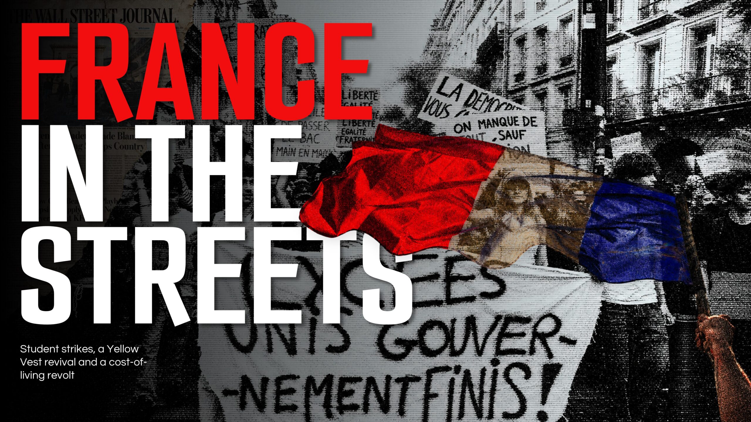 France Protest Google Slides Template - Bold hero cover with red FRANCE title over black-and-white protest photography